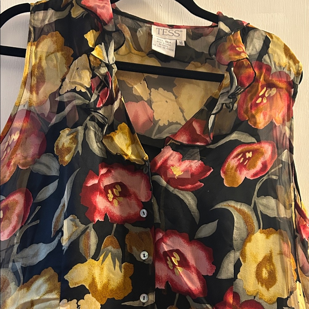 Floral Ruffle Sleeveless Silk Blouse in Black with Red & Gold Flowers plus tank.